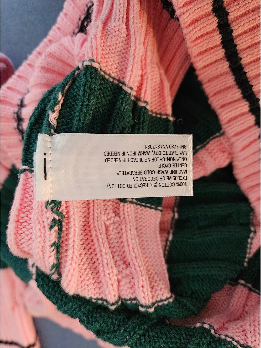 All In Motion Pink and Green Striped Cropped Cable Knit Pullover Sweater-Medium - Picture 4 of 7